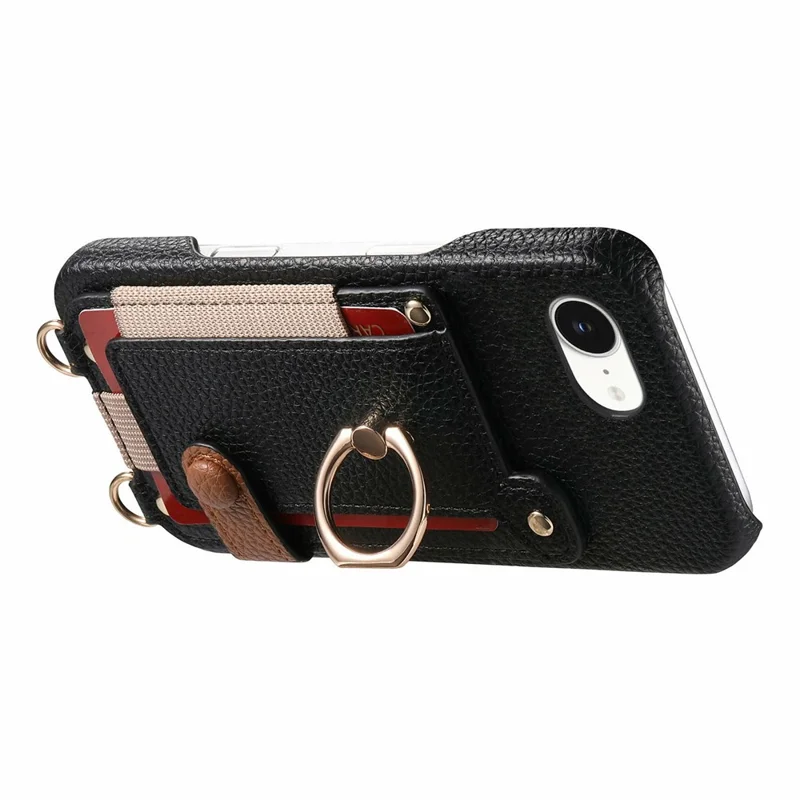 For iPhone 16e Hoesje met Kaarthouder, Ringstandaard, Lederen + PC Telefoonhoes met Schouderband - Zwart