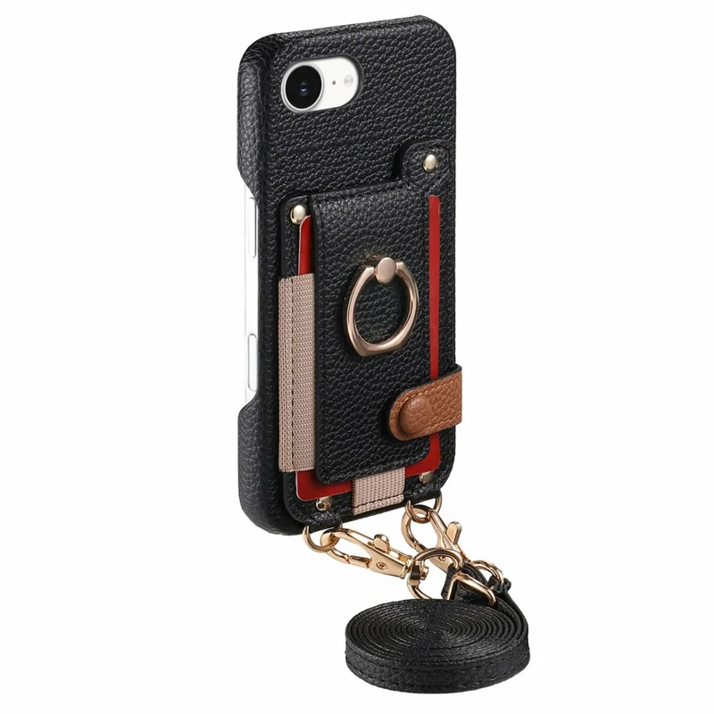 For iPhone 16e Hoesje met Kaarthouder, Ringstandaard, Lederen + PC Telefoonhoes met Schouderband - Zwart
