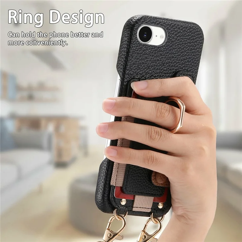 For iPhone 16e Hoesje met Kaarthouder, Ringstandaard, Lederen + PC Telefoonhoes met Schouderband - Zwart