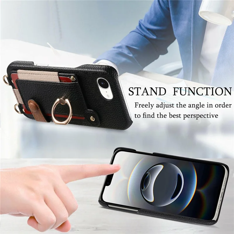 For iPhone 16e Hoesje met Kaarthouder, Ringstandaard, Lederen + PC Telefoonhoes met Schouderband - Zwart