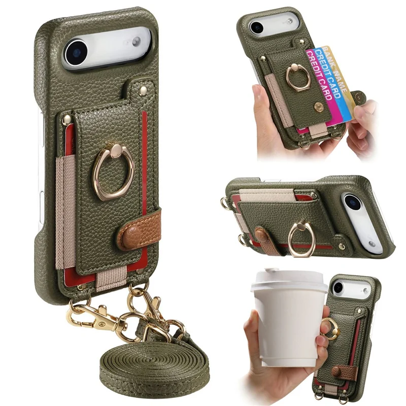 For iPhone Air Case Card Holder Ring Kickstand Leather + PC Phone Cover with Shoulder Strap - Midnight Green