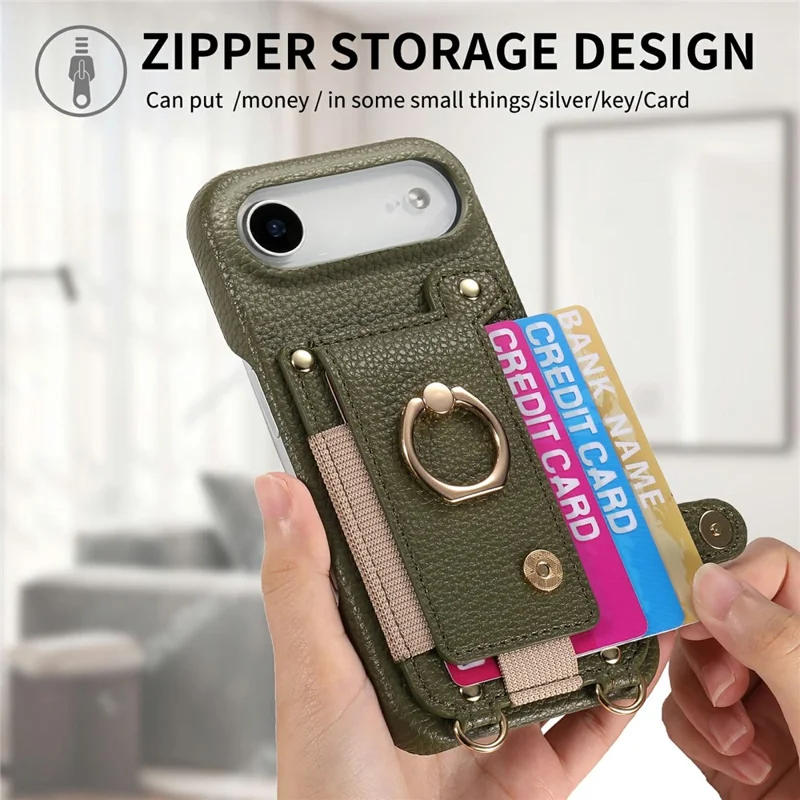 For iPhone Air Case Card Holder Ring Kickstand Leather + PC Phone Cover with Shoulder Strap - Midnight Green