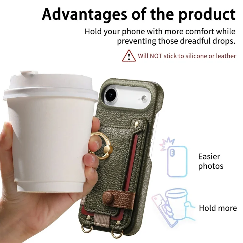 For iPhone Air Case Card Holder Ring Kickstand Leather + PC Phone Cover with Shoulder Strap - Midnight Green