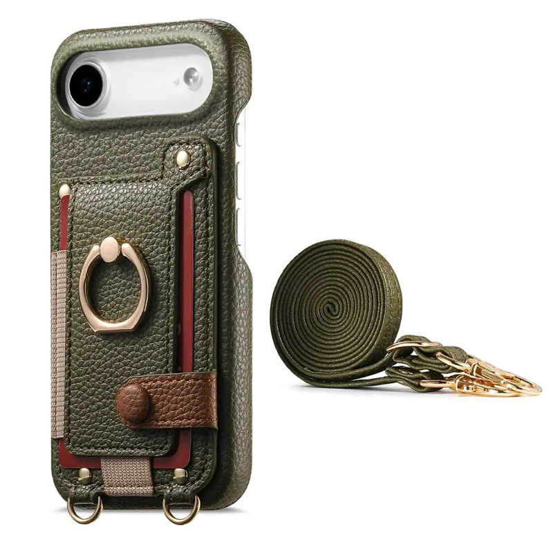 For iPhone Air Case Card Holder Ring Kickstand Leather + PC Phone Cover with Shoulder Strap - Midnight Green