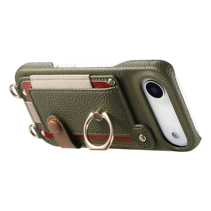 For iPhone Air Case Card Holder Ring Kickstand Leather + PC Phone Cover with Shoulder Strap - Midnight Green