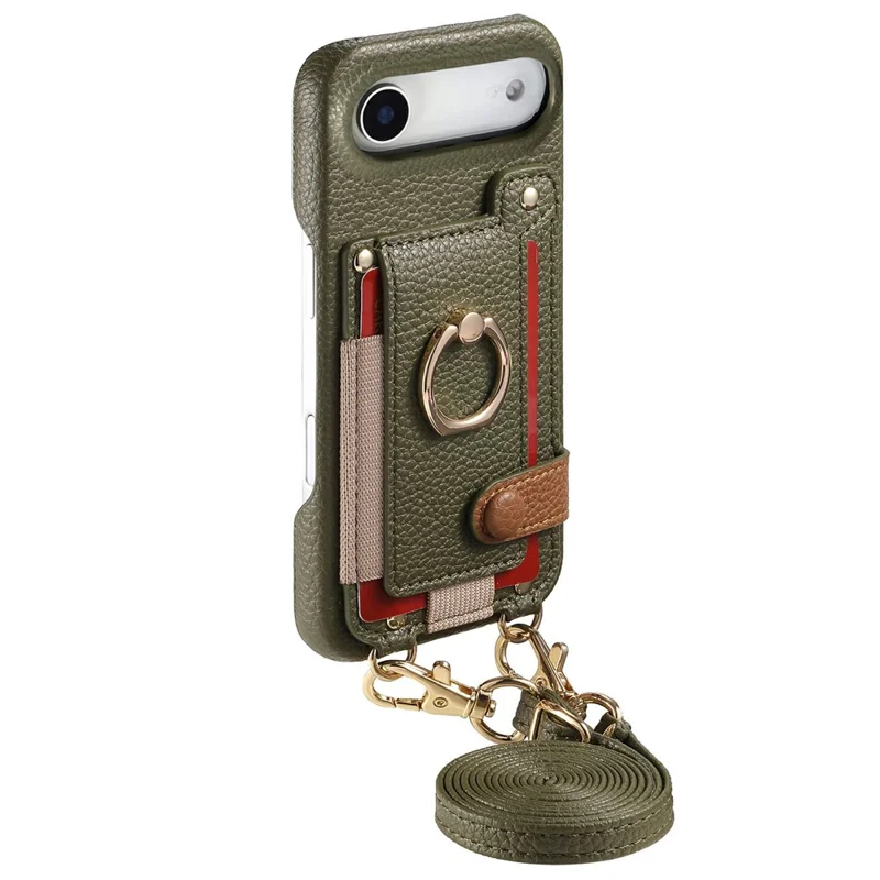 For iPhone Air Case Card Holder Ring Kickstand Leather + PC Phone Cover with Shoulder Strap - Midnight Green
