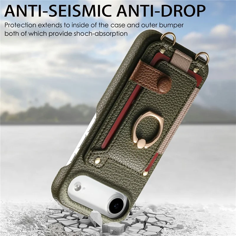 For iPhone Air Case Card Holder Ring Kickstand Leather + PC Phone Cover with Shoulder Strap - Midnight Green