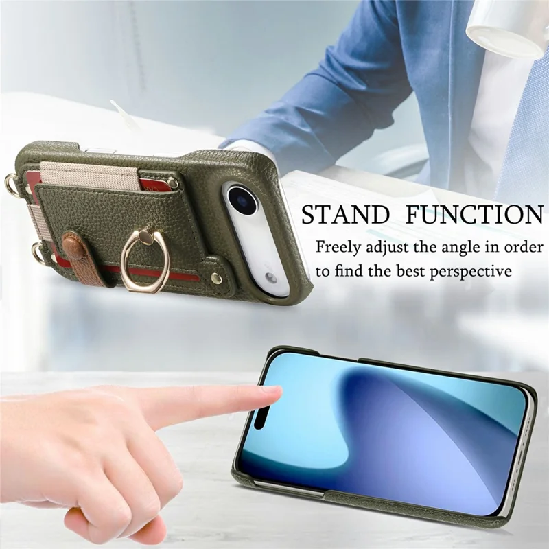 For iPhone Air Case Card Holder Ring Kickstand Leather + PC Phone Cover with Shoulder Strap - Midnight Green