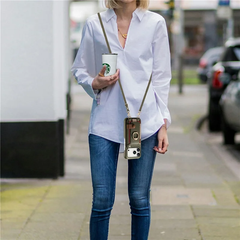 iPhone 17 Pro Hülle Kartenhalter Ring Ständer Leder + PC Handyhülle mit Schulterriemen - Mitternachtsgrün