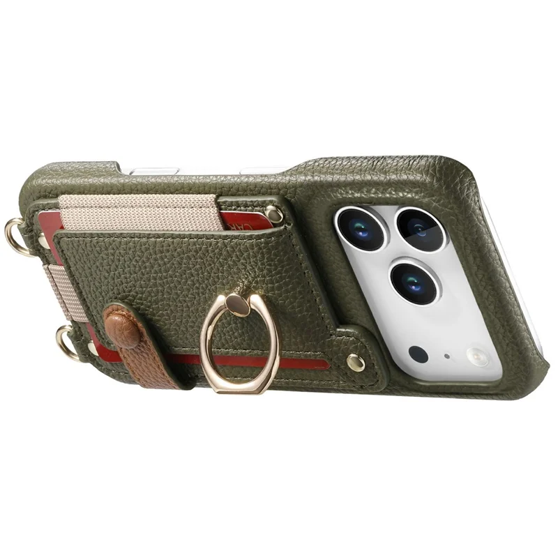 iPhone 17 Pro Hülle Kartenhalter Ring Ständer Leder + PC Handyhülle mit Schulterriemen - Mitternachtsgrün