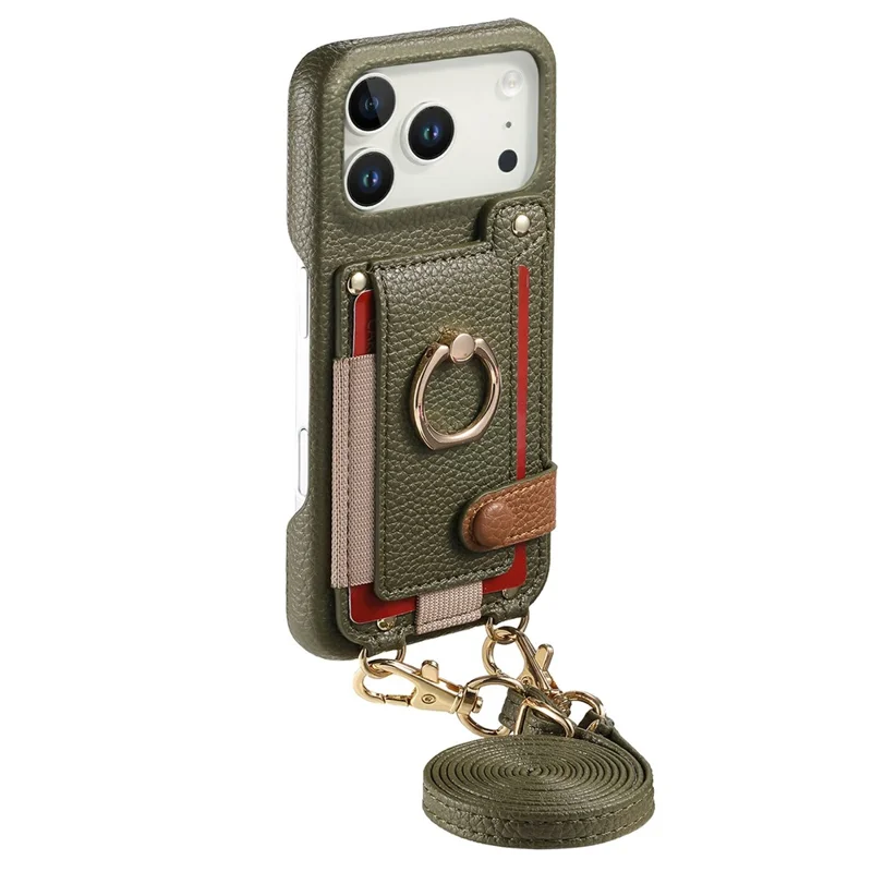 iPhone 17 Pro Hülle Kartenhalter Ring Ständer Leder + PC Handyhülle mit Schulterriemen - Mitternachtsgrün