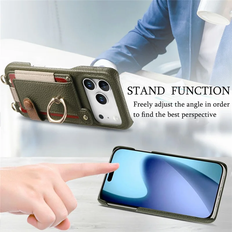 iPhone 17 Pro Hülle Kartenhalter Ring Ständer Leder + PC Handyhülle mit Schulterriemen - Mitternachtsgrün