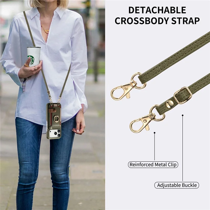 iPhone 17 Pro Hülle Kartenhalter Ring Ständer Leder + PC Handyhülle mit Schulterriemen - Mitternachtsgrün