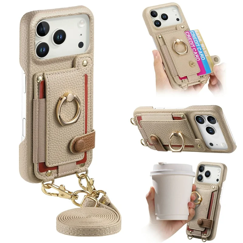 For iPhone 17 Pro Case Card Holder Ring Kickstand Leather + PC Phone Cover with Shoulder Strap - Khaki
