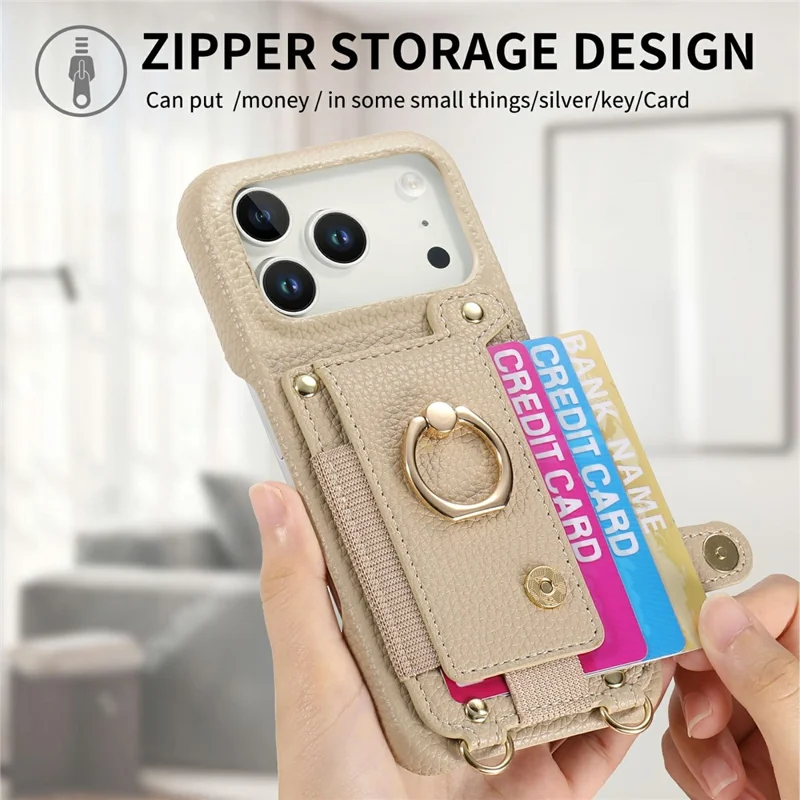 For iPhone 17 Pro Case Card Holder Ring Kickstand Leather + PC Phone Cover with Shoulder Strap - Khaki