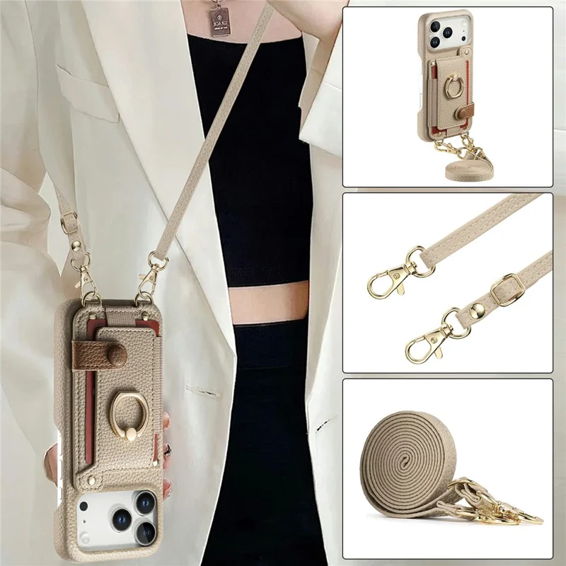 For iPhone 17 Pro Case Card Holder Ring Kickstand Leather + PC Phone Cover with Shoulder Strap - Khaki