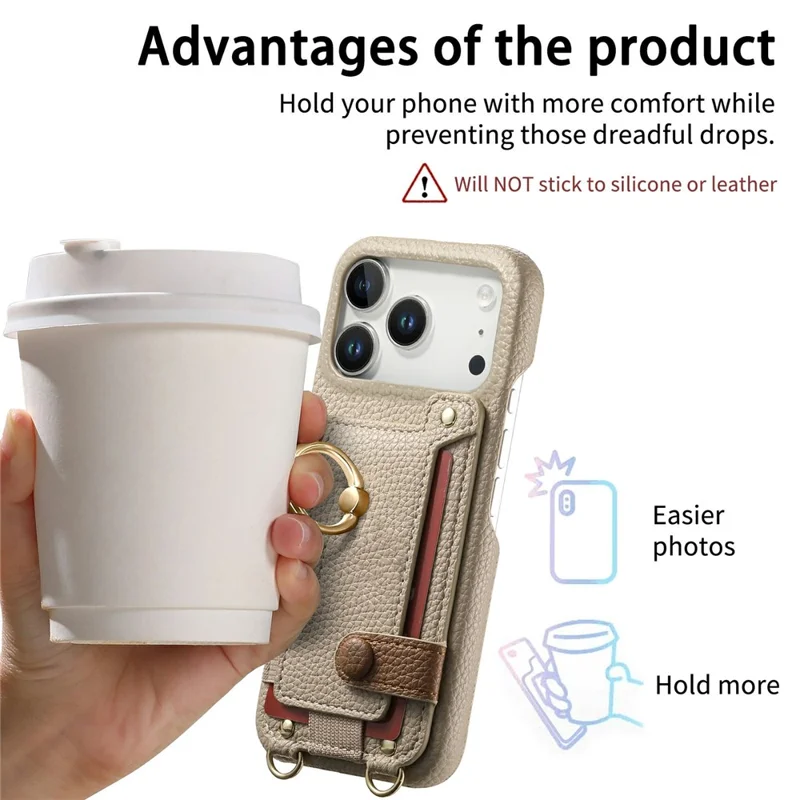 For iPhone 17 Pro Case Card Holder Ring Kickstand Leather + PC Phone Cover with Shoulder Strap - Khaki