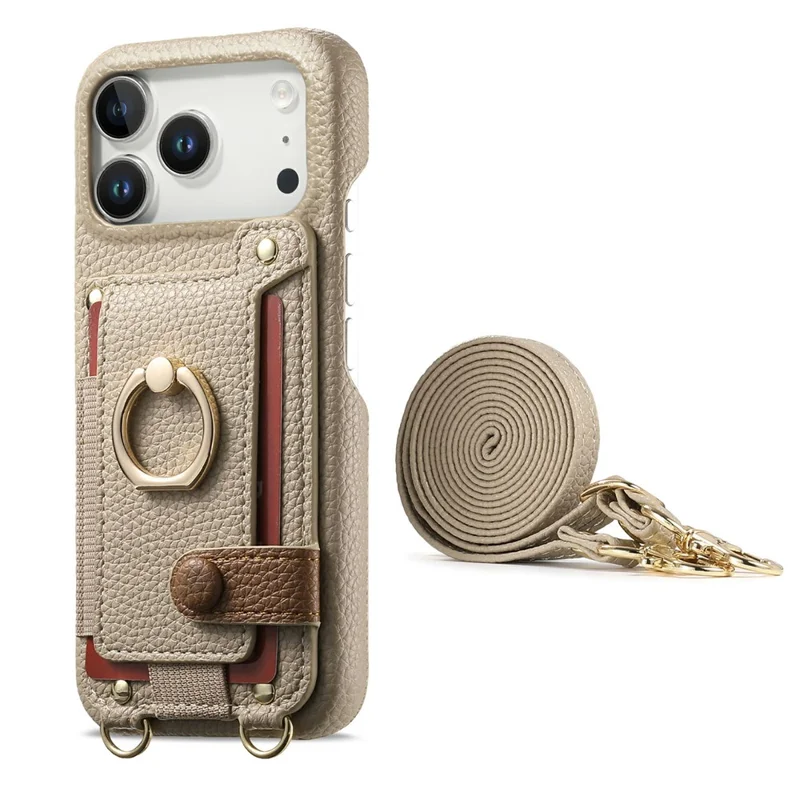 For iPhone 17 Pro Case Card Holder Ring Kickstand Leather + PC Phone Cover with Shoulder Strap - Khaki