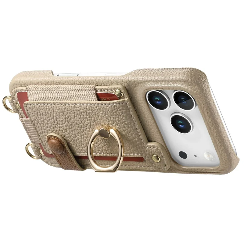 For iPhone 17 Pro Case Card Holder Ring Kickstand Leather + PC Phone Cover with Shoulder Strap - Khaki