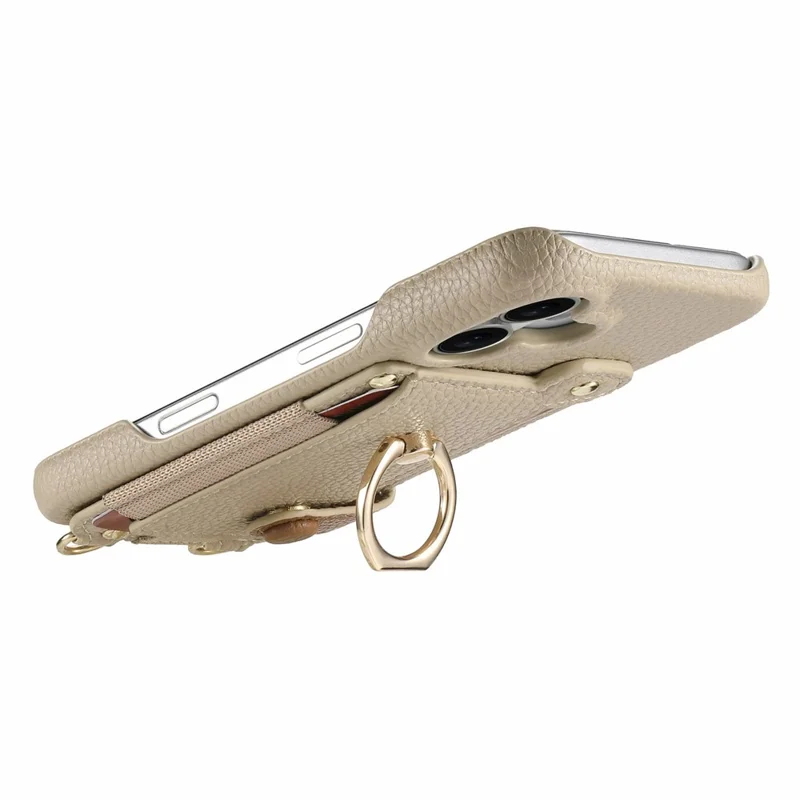 For iPhone 17 Pro Case Card Holder Ring Kickstand Leather + PC Phone Cover with Shoulder Strap - Khaki