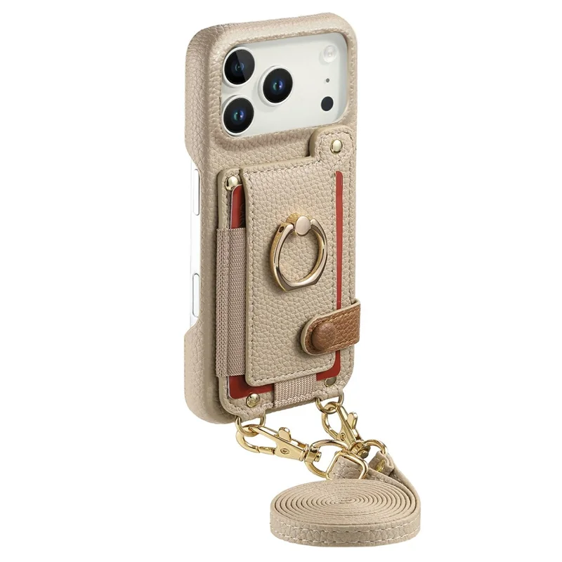 For iPhone 17 Pro Case Card Holder Ring Kickstand Leather + PC Phone Cover with Shoulder Strap - Khaki