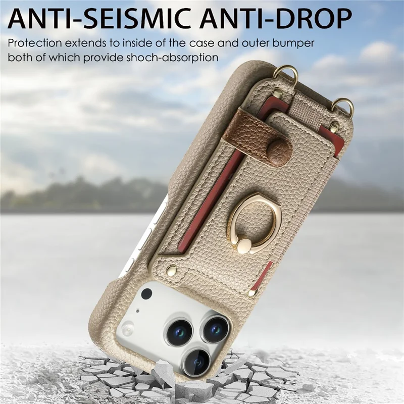 For iPhone 17 Pro Case Card Holder Ring Kickstand Leather + PC Phone Cover with Shoulder Strap - Khaki