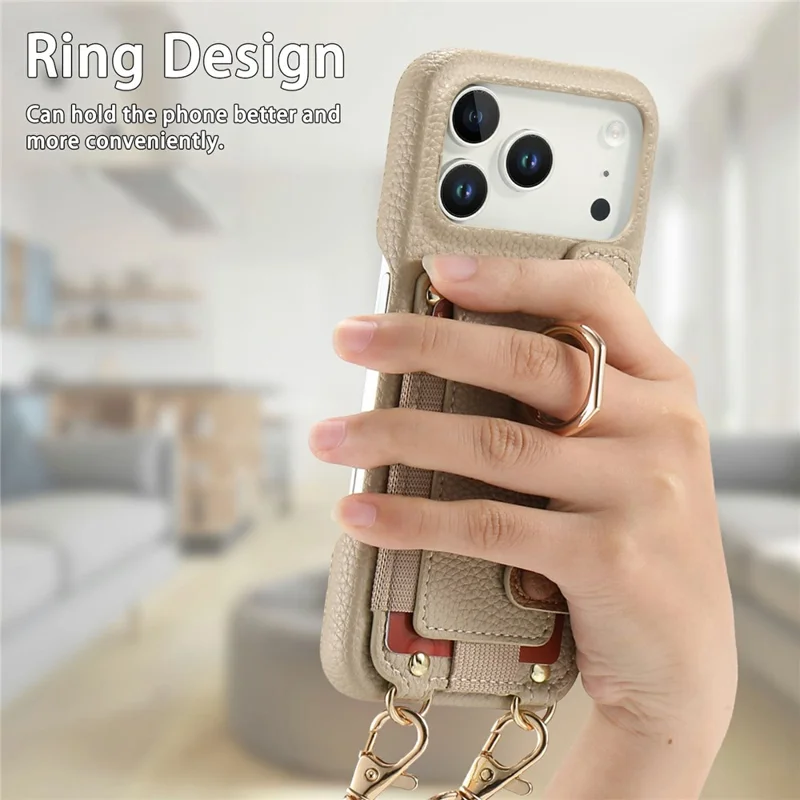 For iPhone 17 Pro Case Card Holder Ring Kickstand Leather + PC Phone Cover with Shoulder Strap - Khaki