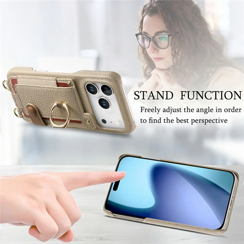 For iPhone 17 Pro Case Card Holder Ring Kickstand Leather + PC Phone Cover with Shoulder Strap - Khaki