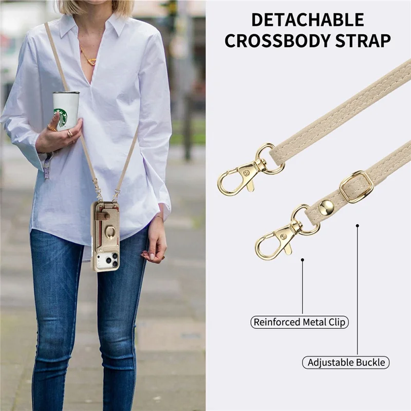 For iPhone 17 Pro Case Card Holder Ring Kickstand Leather + PC Phone Cover with Shoulder Strap - Khaki