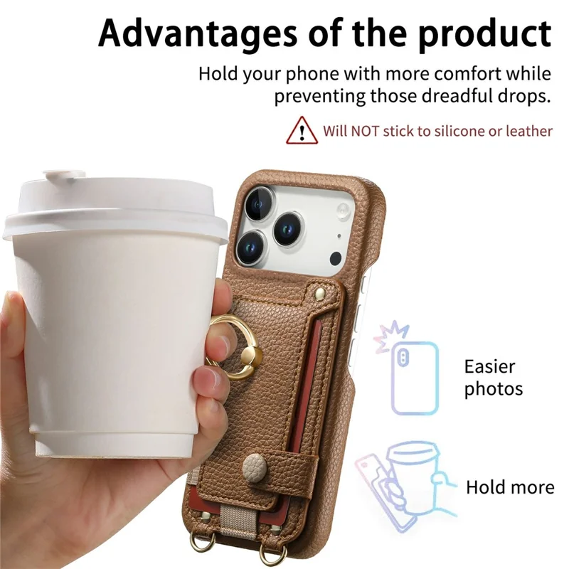 iPhone 17 Pro Hülle mit Kartenfach, Ringhalterung, Ständer, Leder + PC Telefonabdeckung mit Schultergurt - Braun