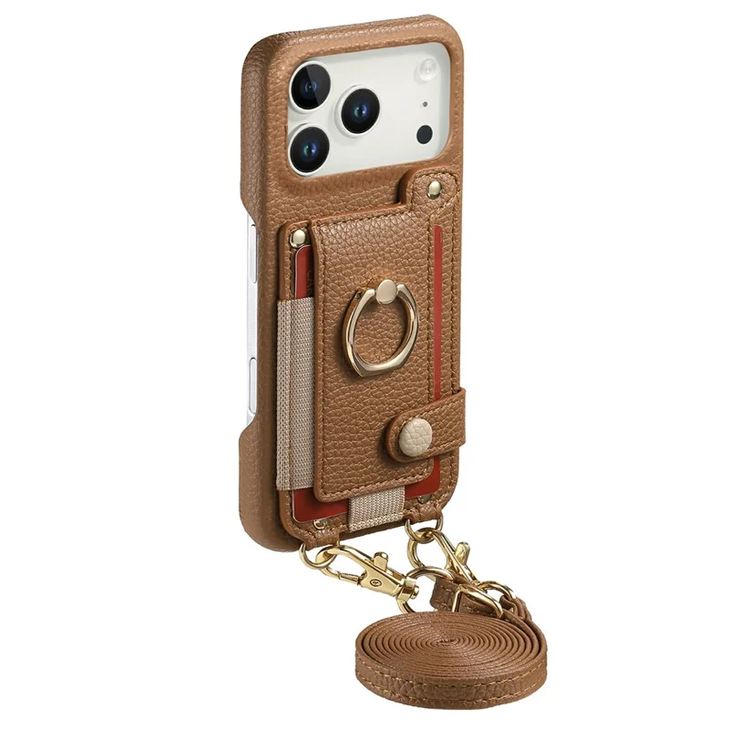 iPhone 17 Pro Hülle mit Kartenfach, Ringhalterung, Ständer, Leder + PC Telefonabdeckung mit Schultergurt - Braun