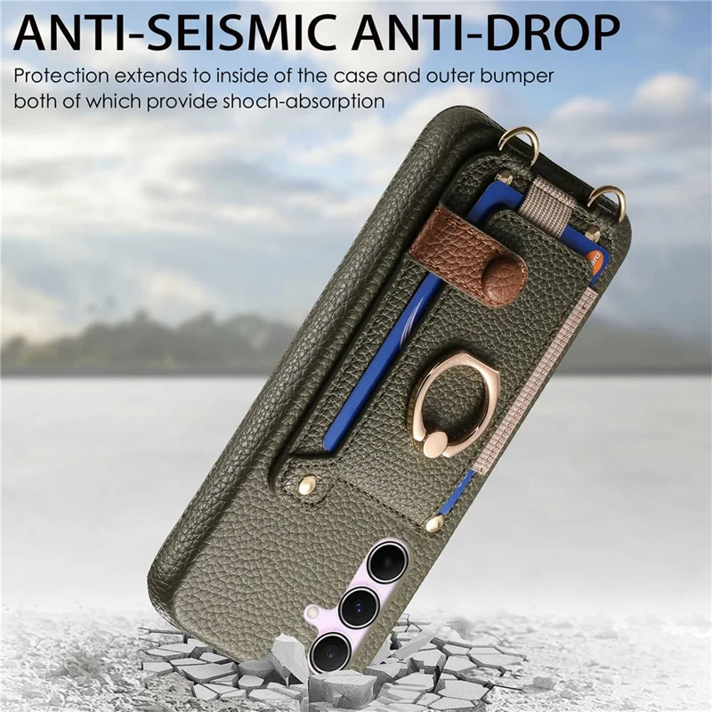 غطاء لهاتف سامسونج جالكسي A15 4G / 5G مع حامل بطاقات وحلقة دعامة وغطاء من الجلد + PC مع حزام كتف - أخضر منتصف الليل