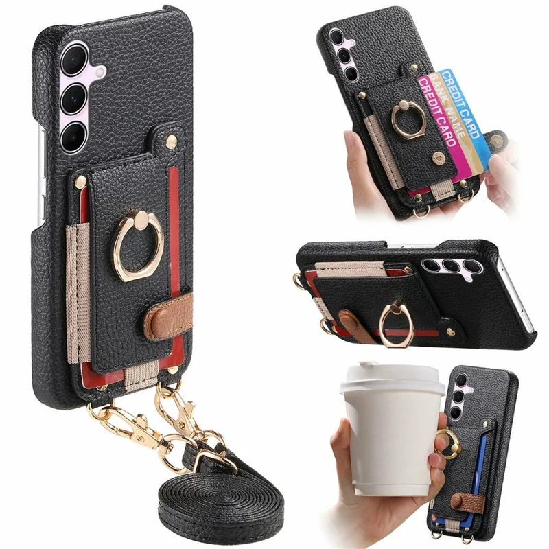 For Samsung Galaxy A15 4G  /  5G Case Card Holder Ring Kickstand Leather + PC Phone Cover with Shoulder Strap - Black