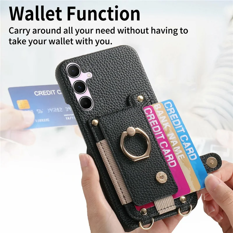For Samsung Galaxy A15 4G  /  5G Case Card Holder Ring Kickstand Leather + PC Phone Cover with Shoulder Strap - Black
