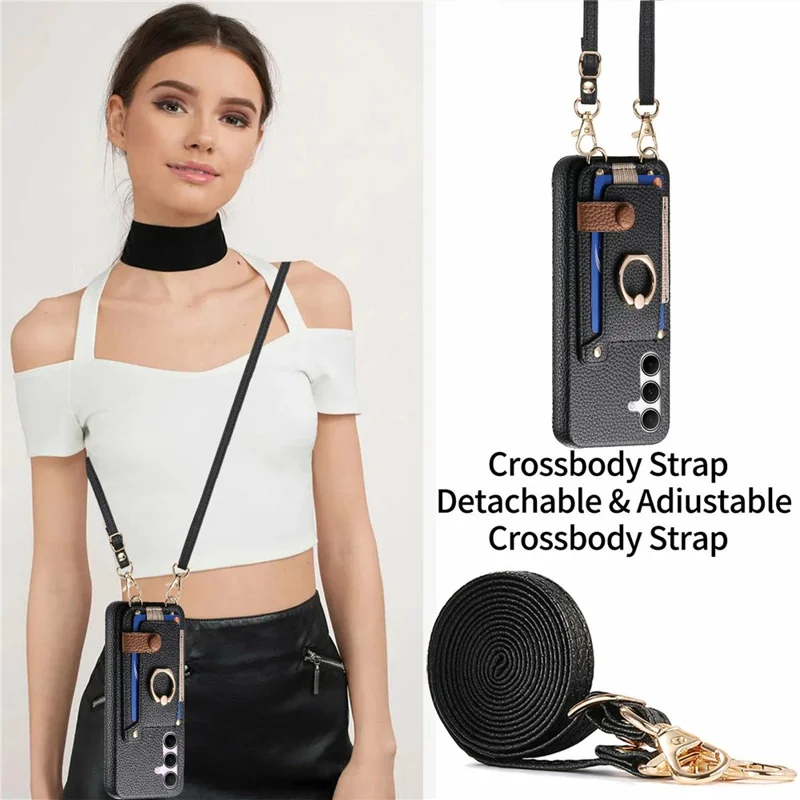For Samsung Galaxy A15 4G  /  5G Case Card Holder Ring Kickstand Leather + PC Phone Cover with Shoulder Strap - Black