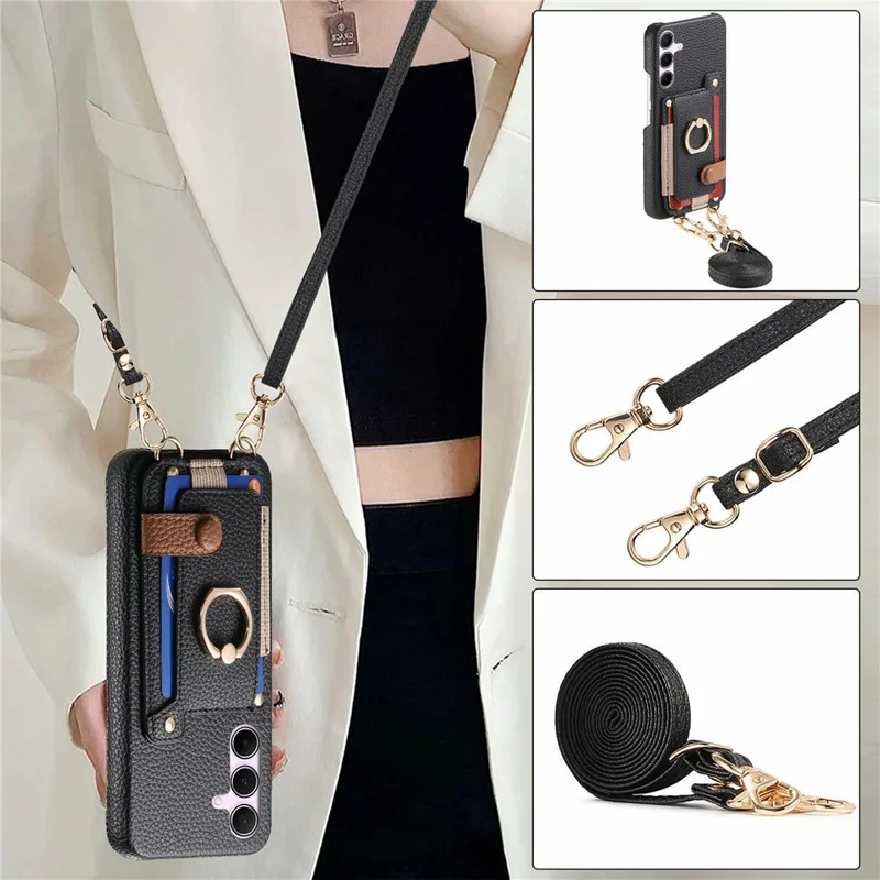 For Samsung Galaxy A15 4G  /  5G Case Card Holder Ring Kickstand Leather + PC Phone Cover with Shoulder Strap - Black