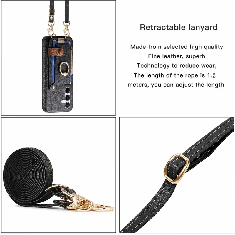 For Samsung Galaxy A15 4G  /  5G Case Card Holder Ring Kickstand Leather + PC Phone Cover with Shoulder Strap - Black