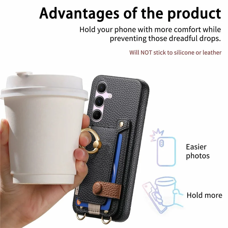 For Samsung Galaxy A15 4G  /  5G Case Card Holder Ring Kickstand Leather + PC Phone Cover with Shoulder Strap - Black