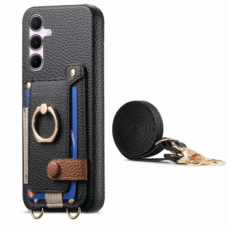 For Samsung Galaxy A15 4G  /  5G Case Card Holder Ring Kickstand Leather + PC Phone Cover with Shoulder Strap - Black