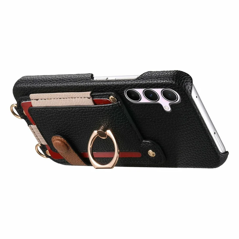 For Samsung Galaxy A15 4G  /  5G Case Card Holder Ring Kickstand Leather + PC Phone Cover with Shoulder Strap - Black