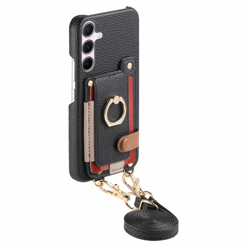 For Samsung Galaxy A15 4G  /  5G Case Card Holder Ring Kickstand Leather + PC Phone Cover with Shoulder Strap - Black
