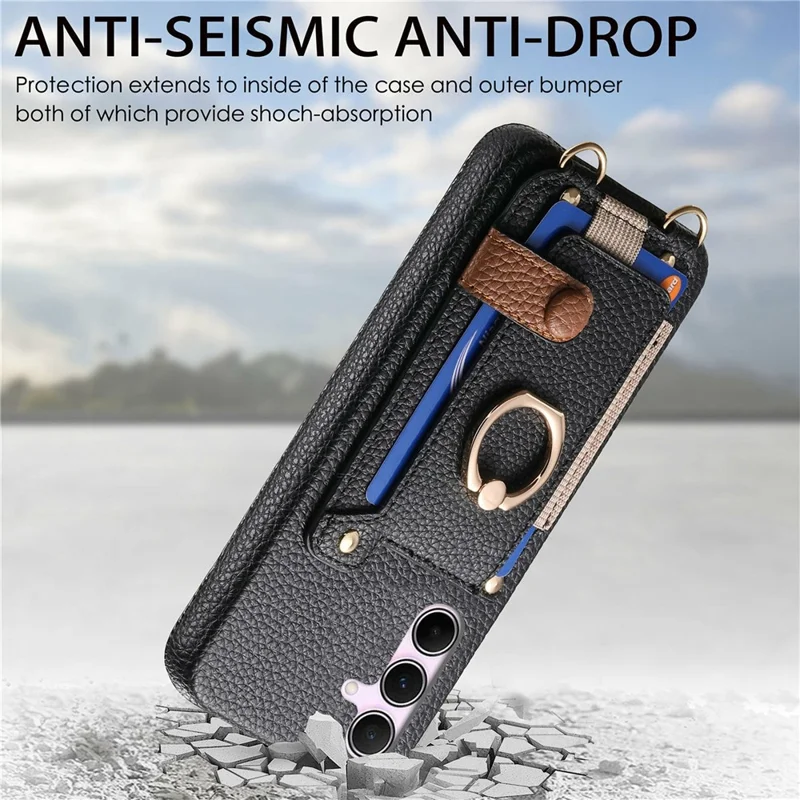 For Samsung Galaxy A15 4G  /  5G Case Card Holder Ring Kickstand Leather + PC Phone Cover with Shoulder Strap - Black