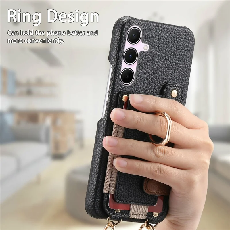 For Samsung Galaxy A15 4G  /  5G Case Card Holder Ring Kickstand Leather + PC Phone Cover with Shoulder Strap - Black