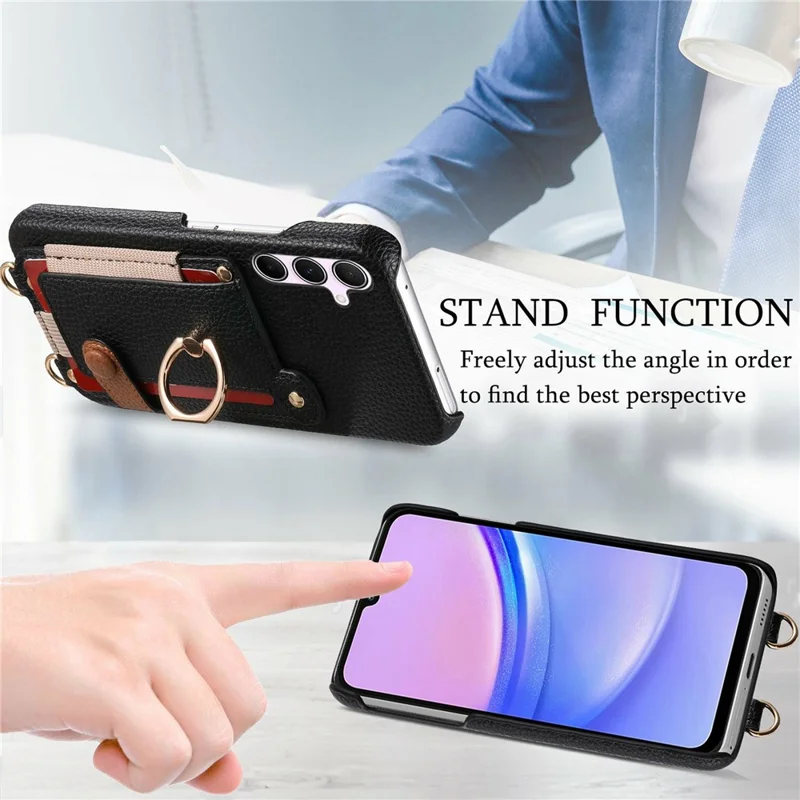 For Samsung Galaxy A15 4G  /  5G Case Card Holder Ring Kickstand Leather + PC Phone Cover with Shoulder Strap - Black