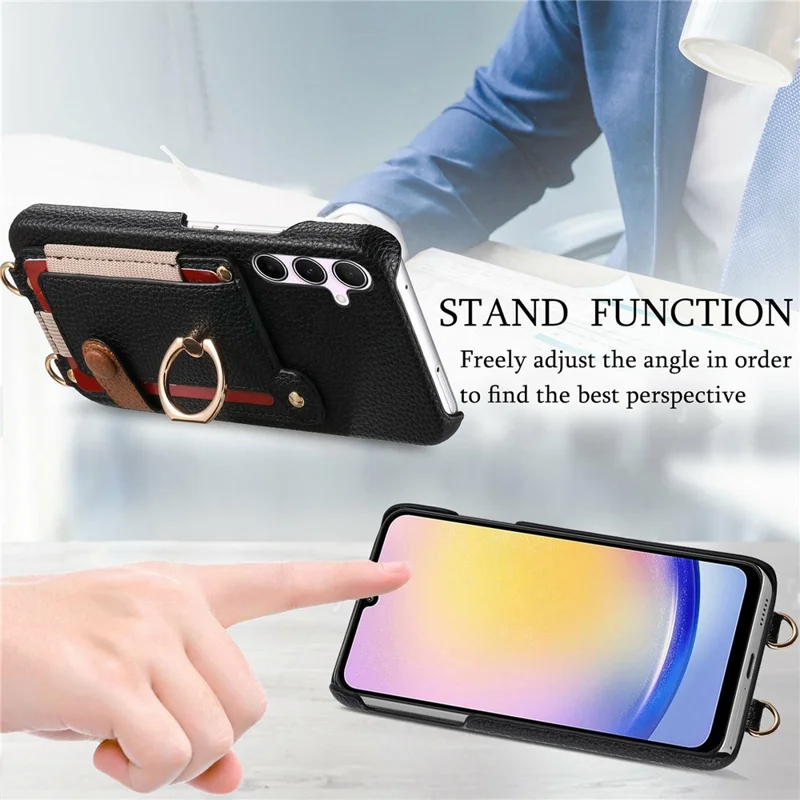 For Samsung Galaxy A25 5G (Global) (161mm) Case Card Holder Ring Kickstand Leather + PC Phone Cover with Shoulder Strap - Black