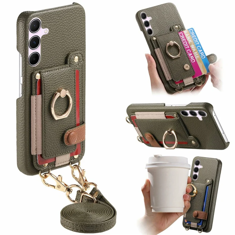 Étui pour Samsung Galaxy A54 5G avec support de carte, anneau, béquille, cuir + couverture de téléphone PC avec bandoulière - Vert Minuit