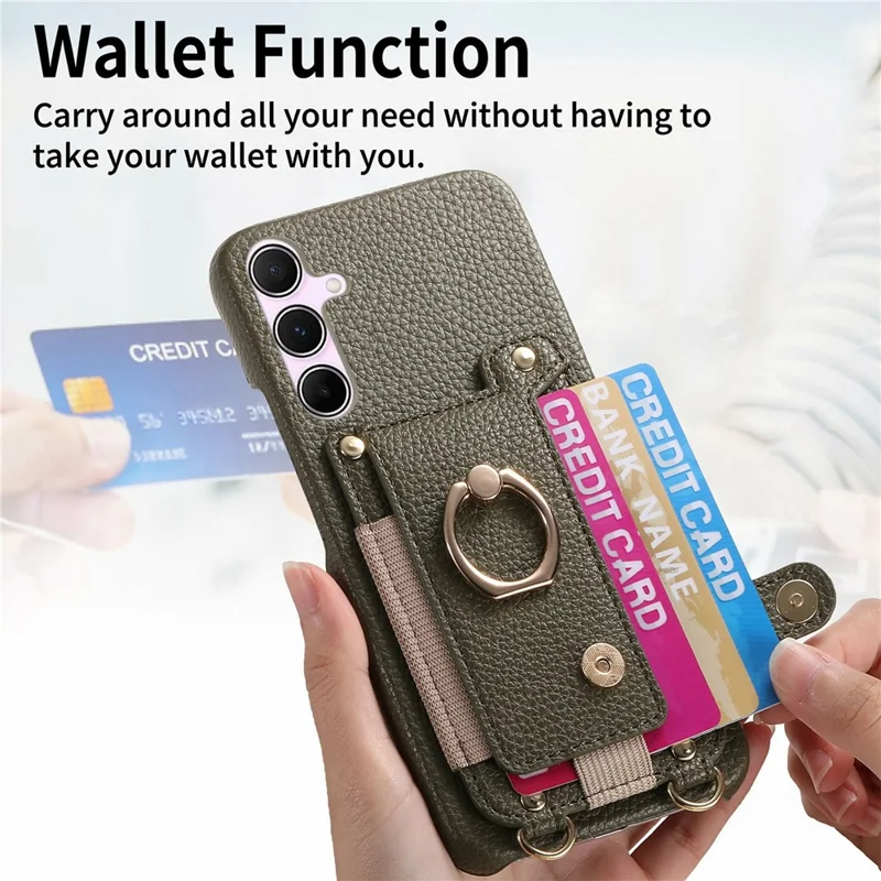 Étui pour Samsung Galaxy A54 5G avec support de carte, anneau, béquille, cuir + couverture de téléphone PC avec bandoulière - Vert Minuit