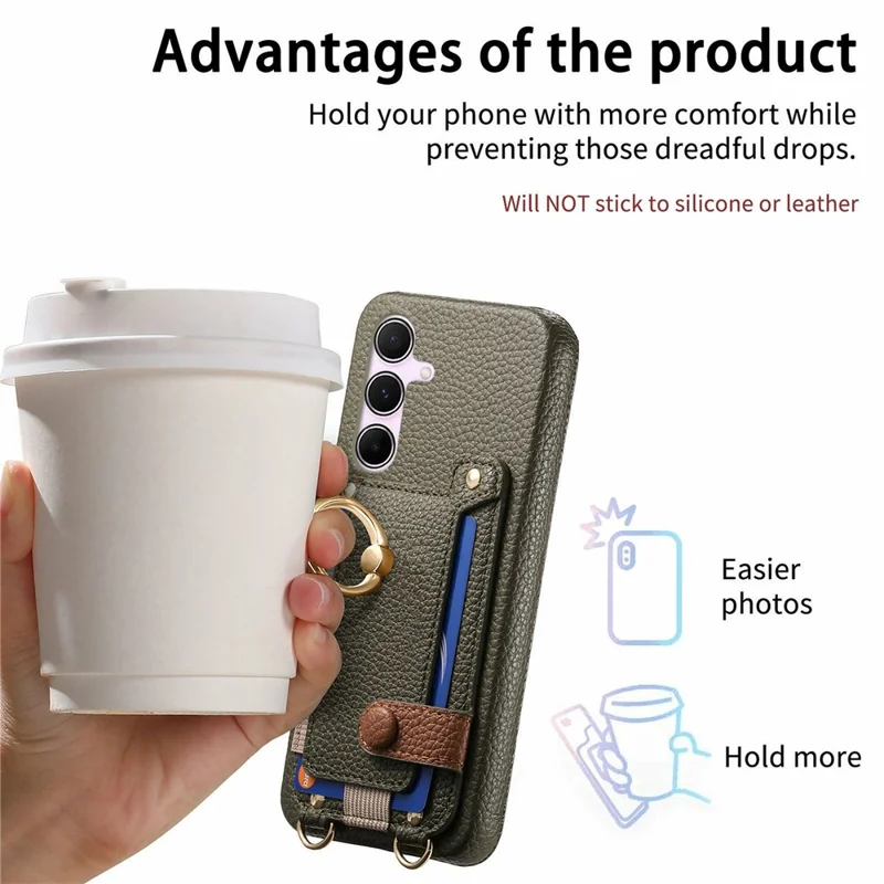 Étui pour Samsung Galaxy A54 5G avec support de carte, anneau, béquille, cuir + couverture de téléphone PC avec bandoulière - Vert Minuit