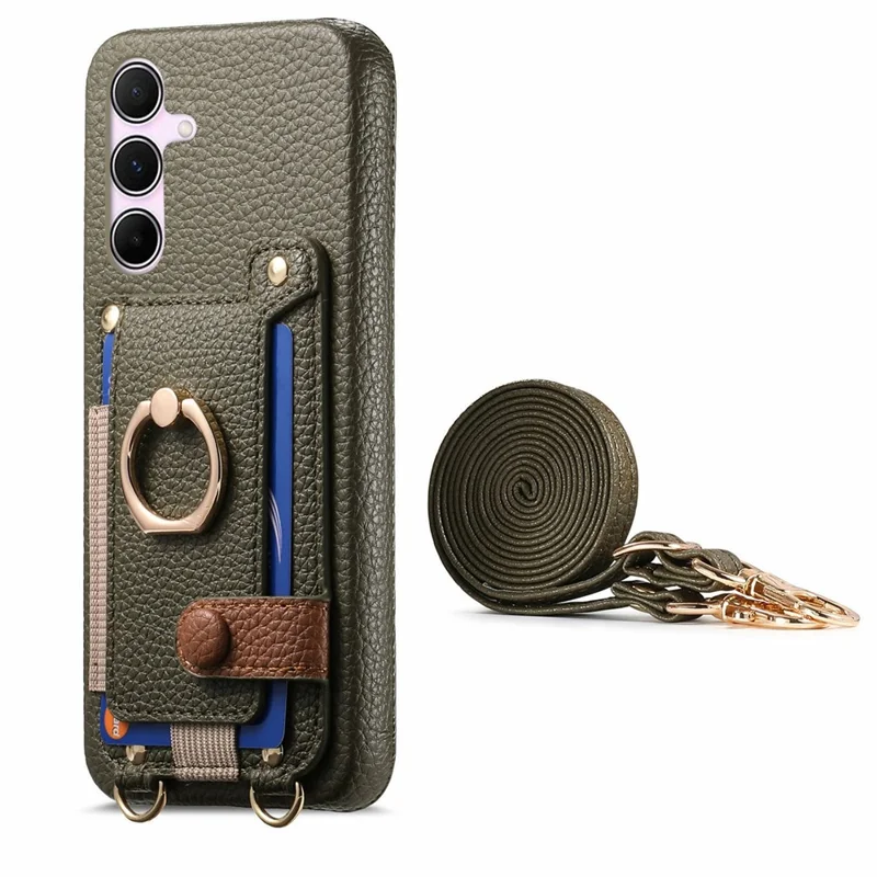 Étui pour Samsung Galaxy A54 5G avec support de carte, anneau, béquille, cuir + couverture de téléphone PC avec bandoulière - Vert Minuit