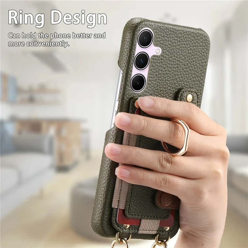 Étui pour Samsung Galaxy A54 5G avec support de carte, anneau, béquille, cuir + couverture de téléphone PC avec bandoulière - Vert Minuit
